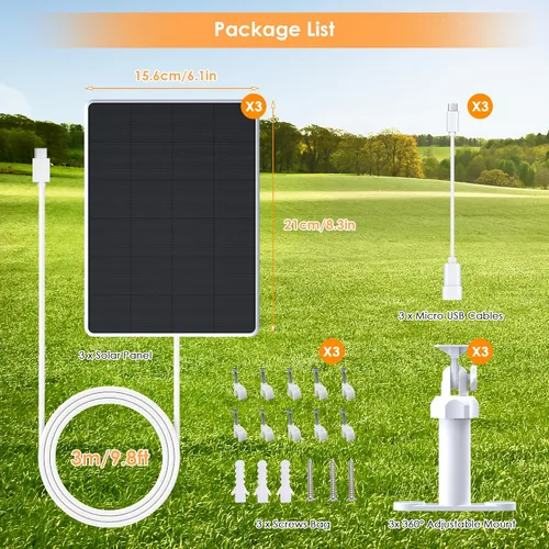 Vista 7 de Panel solar para cámara de seguridad, paneles solares de 6 W con puerto micro USB y USB-C para cámara exterior de 5 V CC, cargador solar para cámara