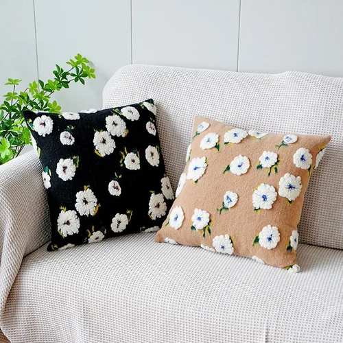 Vista 3 de Funda de almohada de forro polar bereber de gamuza de camelia, funda de cojín tridimensional con flores para sala de estar, sofá, oficina, Negro