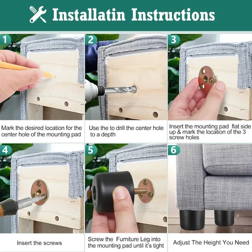 Vista 6 de 4 patas de plástico para muebles de 1-1/2 pulgadas, patas de sofá negras, patas redondas para muebles, patas de repuesto para sofá con tuercas
