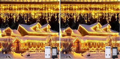 Vista 32 de JMEXSUSS 400 luces LED de Navidad de carámbano de 38.8 pies con control remoto, tira de luces multicolor para exteriores enchufables, 8 modos