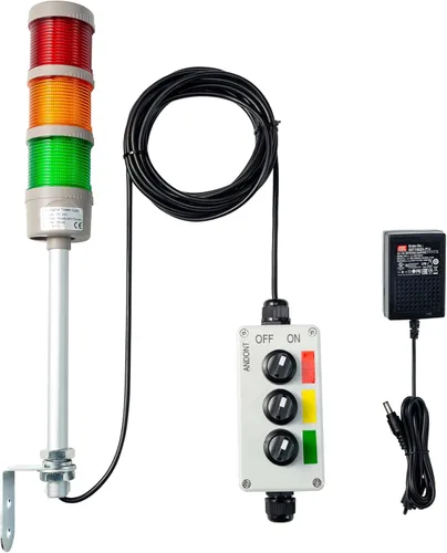Vista 2 de 3-Stack LED Andon Tower Light: kit de advertencia industrial R/Y/G Plug-and-Play: ABB Switch, Mean Well 120V-24V Power Adapter & 16ft Extension