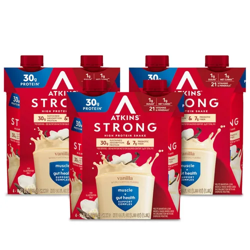 Vista 13 de Atkins - Batido Fuerte de Alta Proteína, Sabor Café Laté, 30g de Proteína, 7g de Fibra Prebiótica, Apoyo para la Salud Muscular y del Intestino