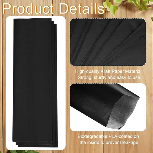 Vista 3 de Zhehao 200 bolsas de papel kraft, bolsas de churro, fundas de grasa para utensilios resistentes, cubiertos, galletas, panadería, dulces (negro)