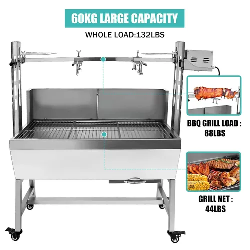 Vista 5 de Asador de acero inoxidable, asador de cordero de cerdo pequeño con motor de 25 W, parrilla asadora de carbón de 37 pulgadas para acampar al aire