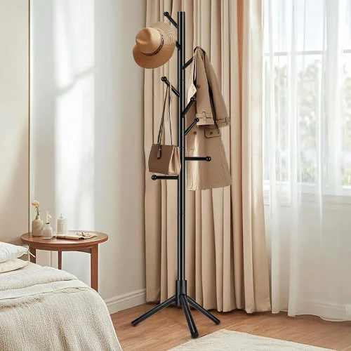 Vista 7 de Perchero de madera independiente, altura ajustable, soporte de madera maciza con 8 ganchos de extremo de bola, base de trípode estable, árbol