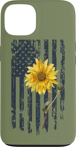 Vista 7 de iPhone 16 Yellow Sunflower Patriotic US American Flag Women Sage Green Case