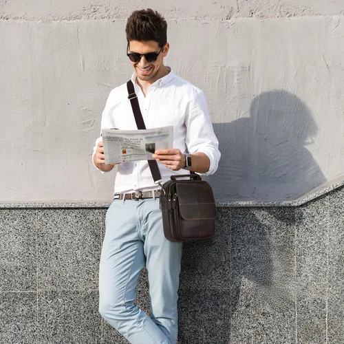 Vista 7 de BAIGIO Pequeña bolsa de mensajero de cuero para hombre, bolso de hombro cruzado, bolso vintage para hombre para Ipad Travel Bussiness