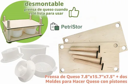 Vista 3 de Prensa de queso de madera para suministros de fabricación de queso, guías de madera de 16 pulgadas y molde de 2 quesos con pistón seguidor de 1.3