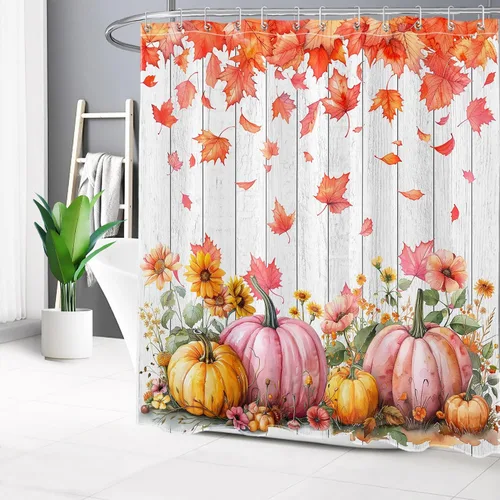 Vista 13 de HVEST Cortina de ducha con ganchos, calabaza espeluznante y fantasma con sombrero de bruja negro, juego de cortina de ducha naranja con flores