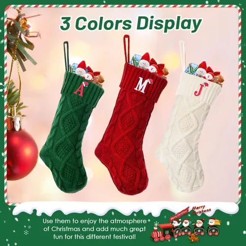 Vista 4 de Calcetines de Navidad con inicial A, 20 pulgadas, con iniciales bordadas para la familia, calcetín navideño tejido personalizado con monograma