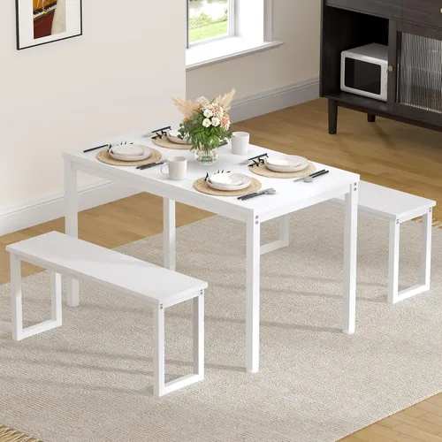 Vista 9 de SDHYL Juego de mesa de comedor de 45 pulgadas con 2 bancos, juego de mesa de comedor para 3, mesa de comedor rectangular pequeña de madera con 2