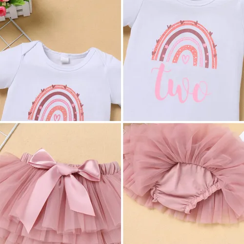Vista 6 de ODASDO Conjunto de 3 piezas para bebé niña con diseño de arco iris para el primer y segundo cumpleaños de la torta