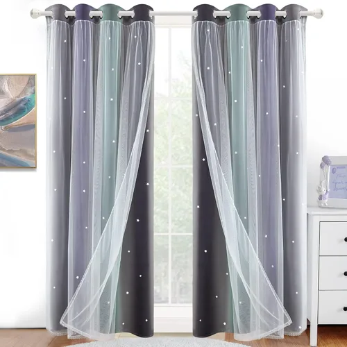 Vista 9 de Cortinas opacas con recorte de estrellas y arcoíris para guardería/habitación de niños/niñas, con superposición de tul, 2 paneles, cada una de 52