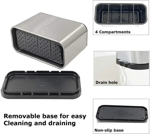 Vista 3 de TESOT Organizador de cubiertos para utensilios con soporte para cucharas con 4 compartimentos divididos, acero inoxidable resistente, a prueba