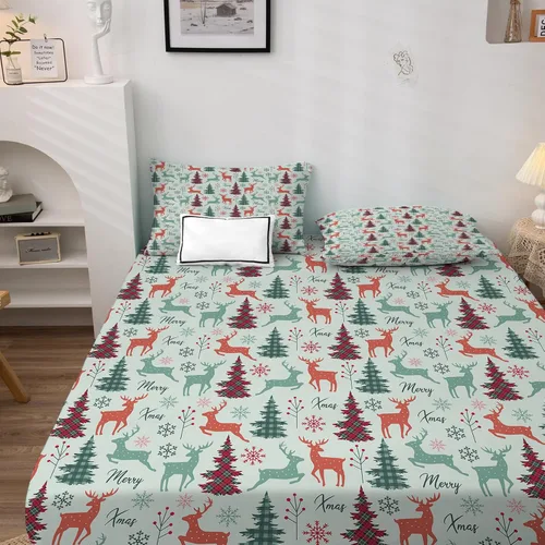 Vista 2 de Sábanas de Navidad tamaño individual, sábanas de árbol de Navidad de alce, juego de sábanas y fundas de almohada con patrón de 3 piezas, sábana