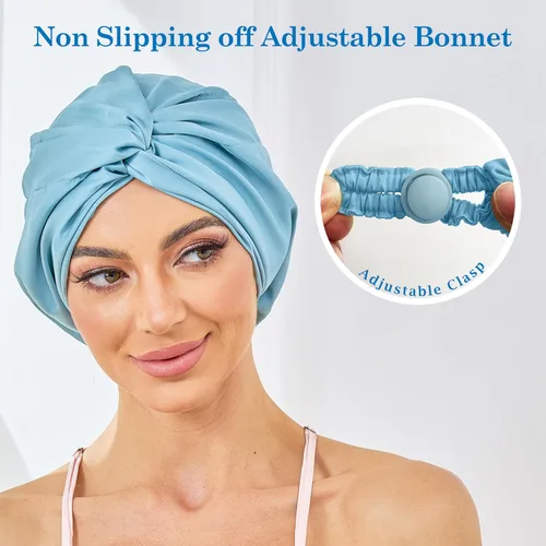 Vista 115 de Gorro de satén de seda ajustable para envolver el cabello para dormir, gorro de dormir de doble capa, turbante nocturno para cabello largo y rizado