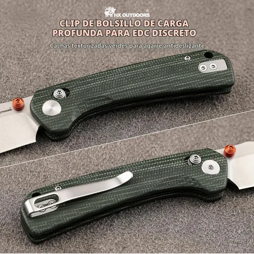 Vista 7 de HX OUTDOORS 2.96 "" bolsillo cuchillo travesaño bloqueo clip 14C28N hoja Micarta mango Verde