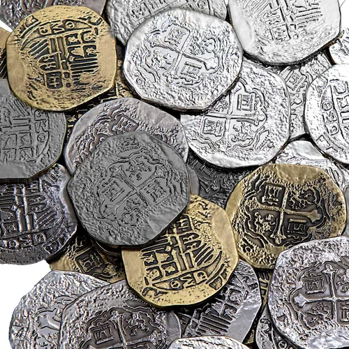 Vista 2 de Monedas de metal pirata Beverly Oaks - Réplicas de doblón español en oro y plata - Tesoro pirata de monedas de metal de fantasía (24 monedas-jumbo)