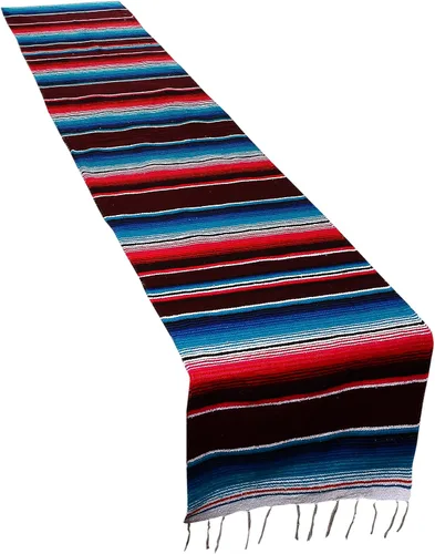 Vista 4 de Camino de mesa colorido a rayas fabricado en México 83x14 pulgadas.