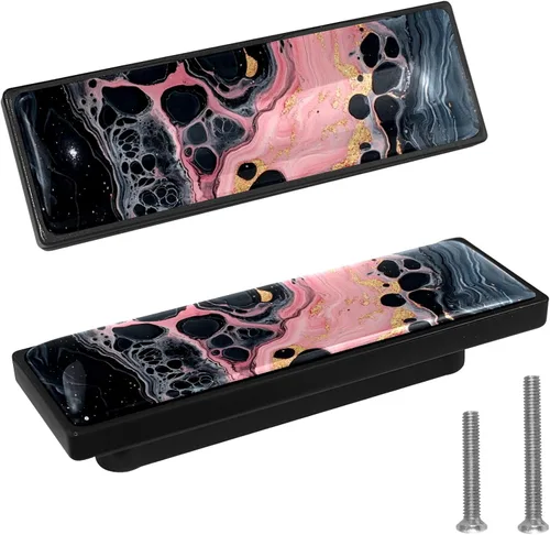 Vista 16 de LORVIES Paquete de 4 pomos decorativos de mármol de 3.6 pulgadas para gabinete, vidrio ABS largo rectangular negro, manijas de puerta de cajón