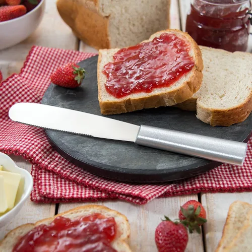 Vista 3 de Rada Cubertería Super Spreader - Cuchillo para esparcir hecho de acero inoxidable con mango de aluminio cepillado fabricado en Estados Unidos