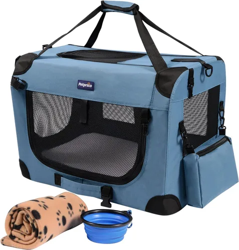 Vista 12 de Jaula portátil plegable para perros Petprsco, jaula de viaje para perros 24x17x17 con manta suave y cálida y cuenco plegable para gatos grandes