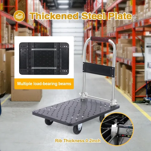 Vista 6 de Carro de mano de plataforma resistente para mudanza, plataforma plegable con ruedas giratorias de 360 grados, carrito de mano plegable para carga