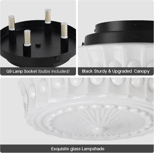 Vista 8 de Lámpara de techo de vidrio de leche blanca, iluminación de montaje al ras de 13.8 pulgadas para dormitorio, pasillo, cocina y comedor, diseño