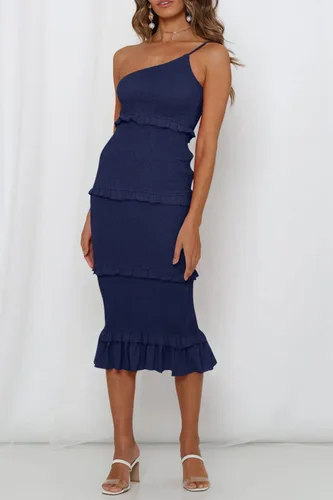 Vista 8 de PRETTYGARDEN Vestido midi ajustado de verano para mujer, con un hombro, con tiras escalonadas, volantes, floral, bohemio, vestido de sol