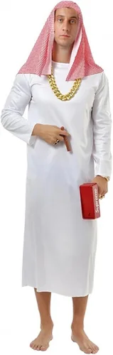Vista 6 de Disfraz de jeque árabe árabe para hombre, de manga larga, túnica de Oriente Medio con bufanda para la cabeza, conjunto para Halloween Estampado