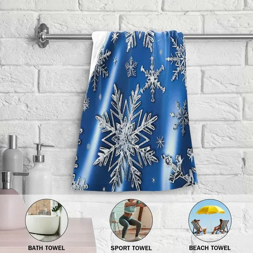 Vista 6 de Pfrewn Juego de 2 toallas de mano de copos de nieve azules de invierno, juego de 2 toallas de baño de nieve con purpurina brillante de zafiro de 16