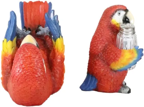 Vista 9 de Ebros Gift Paquete de 2 saleros y pimenteros con diseño de selva tropical de río rojo escarlata, guacamayo, pájaro, salero y pimentero y botellero