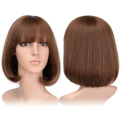 Vista 41 de Pelucas Bob con flequillo, peluca de cabello castaño rojizo de 10 Caoba