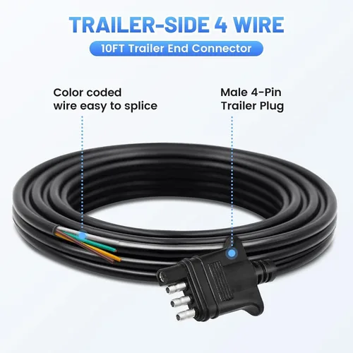 Vista 2 de MECMO Conector de extremo de remolque de 4 vías, cable recubierto de 10 pies, conector plano de 4 pines para enganche de remolque de lado