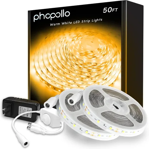 Vista 11 de PHOPOLLO Tira de luces LED blancas de 16.4 pies, tira de luces LED regulable de 6500K de luz blanca diurna, 300 LED, luces LED flexibles