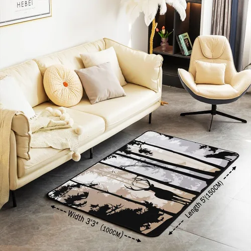 Vista 2 de Erosebridal Alfombra rústica de ciervo para niños y niñas, alfombra vintage con cuernos de alce de 3 x 5, alfombra de paisaje de árboles en acuarela