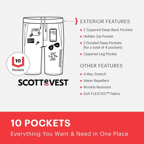 Vista 2 de SCOTTeVEST Pantalones cortos elevados para uso diario para hombre, 17 bolsillos ocultos, pantalones transpirables repelentes al agua para viajes