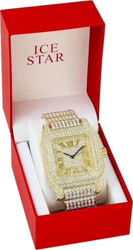 Vista 6 de Techno Pave Reloj de diamante cuadrado helado para hombre con caja totalmente helada, esfera romana helada, correa ajustable brillante, oro de 14