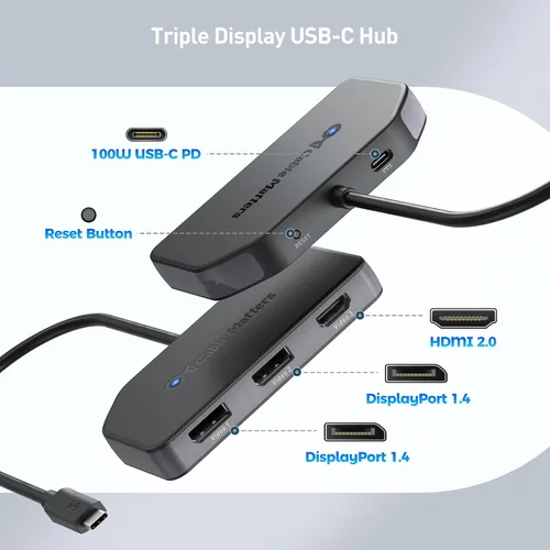 Vista 2 de Cable Matters Hub USB C MST de triple pantalla 4K @60Hz para Windows 2 DisplayPort 1.4 y 1 HDMI 2.0, carga de 100 W, no compatible con macOS
