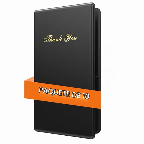 Vista 4 de Presentadores de cheques para restaurantes – Paquete de 10 tarjeteros de cheques de invitados, color negro con impresión de agradecimiento dorada
