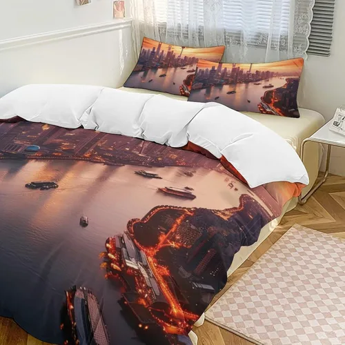 Vista 11 de Landscape Duvet Cover Full Size, Ultra Soft Microfiber Cityscape Bedding Set, 3 Pieces Night Scenery Pattern Comforter Cover Set with Zipper Closure