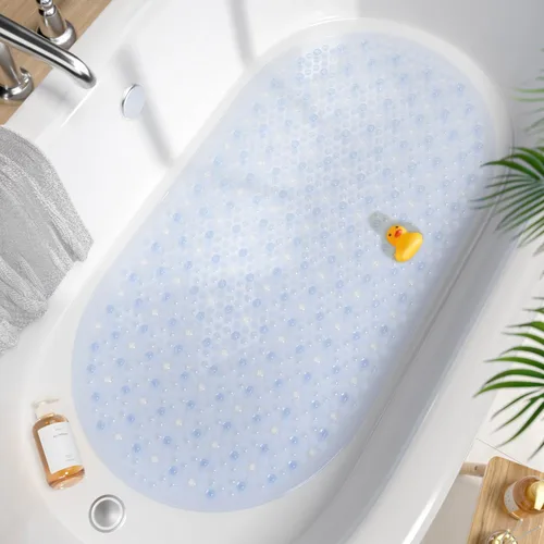Vista 12 de HITSLAM Tapete antideslizante para bañera, 27 x 15 pulgadas, con ventosas y orificios de drenaje, lavable a máquina, ovalado, para niños, personas