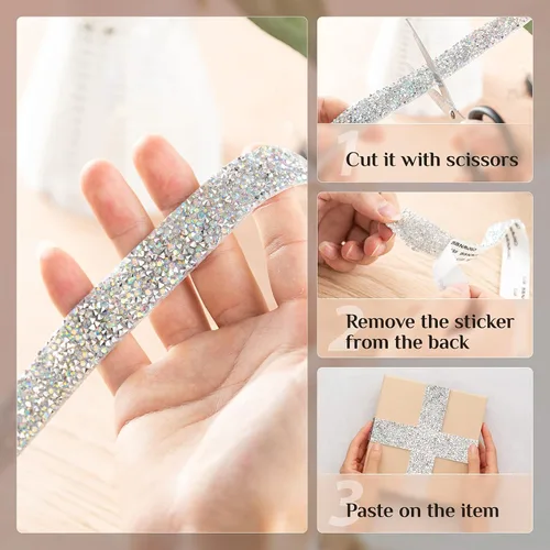 Vista 5 de 4 rollos de cinta de diamantes de imitación de cristal, cinta autoadhesiva con diamantes de imitación, envoltura de diamantes para manualidades