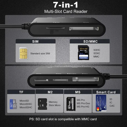 Vista 2 de Lector de tarjetas inteligentes 7 en 1 con conectividad de 3 puertos - Lightning/USB-C/USB-A Lector de tarjetas CAC y PIV, SD/TF/MS Pro