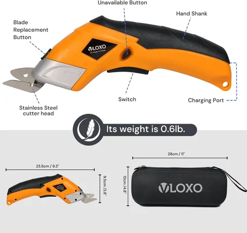 Vista 7 de VLOXO Tijeras eléctricas, cortador de cartón inalámbrico, tijeras de tela eléctrica, mini cortador de caja con cuchillas, multiherramienta Amarillo