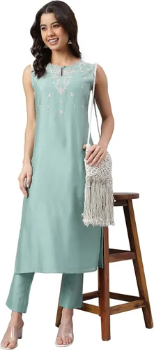 Vista 3 de Janasya Kurta de seda de color verde marino para mujer india con pantalón