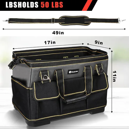 Vista 6 de Bolsa de herramientas de 17 pulgadas para hombres con base moldeada impermeable, bolsa de boca ancha de alta capacidad, bolsas de herramientas