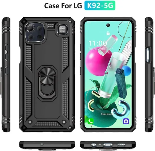 Vista 2 de Funda para LG K92 5G, con protector de pantalla HD, [grado militar] anillo de montaje en coche con soporte híbrido de policarbonato duro de Negro
