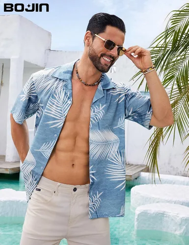 Vista 3 de BOJIN Camisas hawaianas de manga corta con botones para hombre, camisas casuales de verano, estampado floral tropical, camisas de playa Aloha