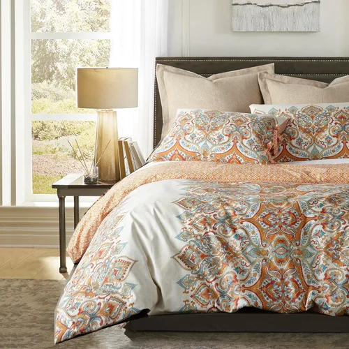 Vista 3 de Levtex Home Emile - Juego de edredón tamaño individual, Medalion, 100% algodón, beige, naranja